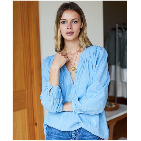 Emerson Fry Light Blue Metallic Dot Peasant Blouse - Picture 2 of 14